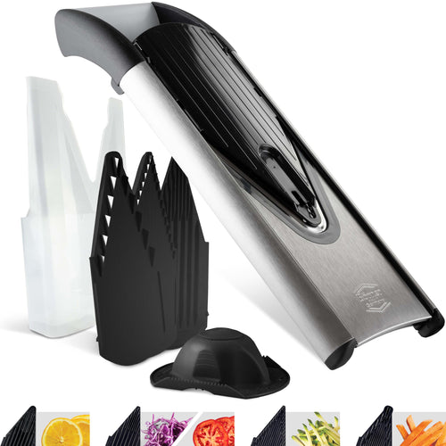 Börner Gemüsehobel V6 Edelstahl mit V-Klinge – Starter Set. Flacher Edelstahl-Hobel mit V-Klinge für präzises Schneiden von Gemüse und Obst.