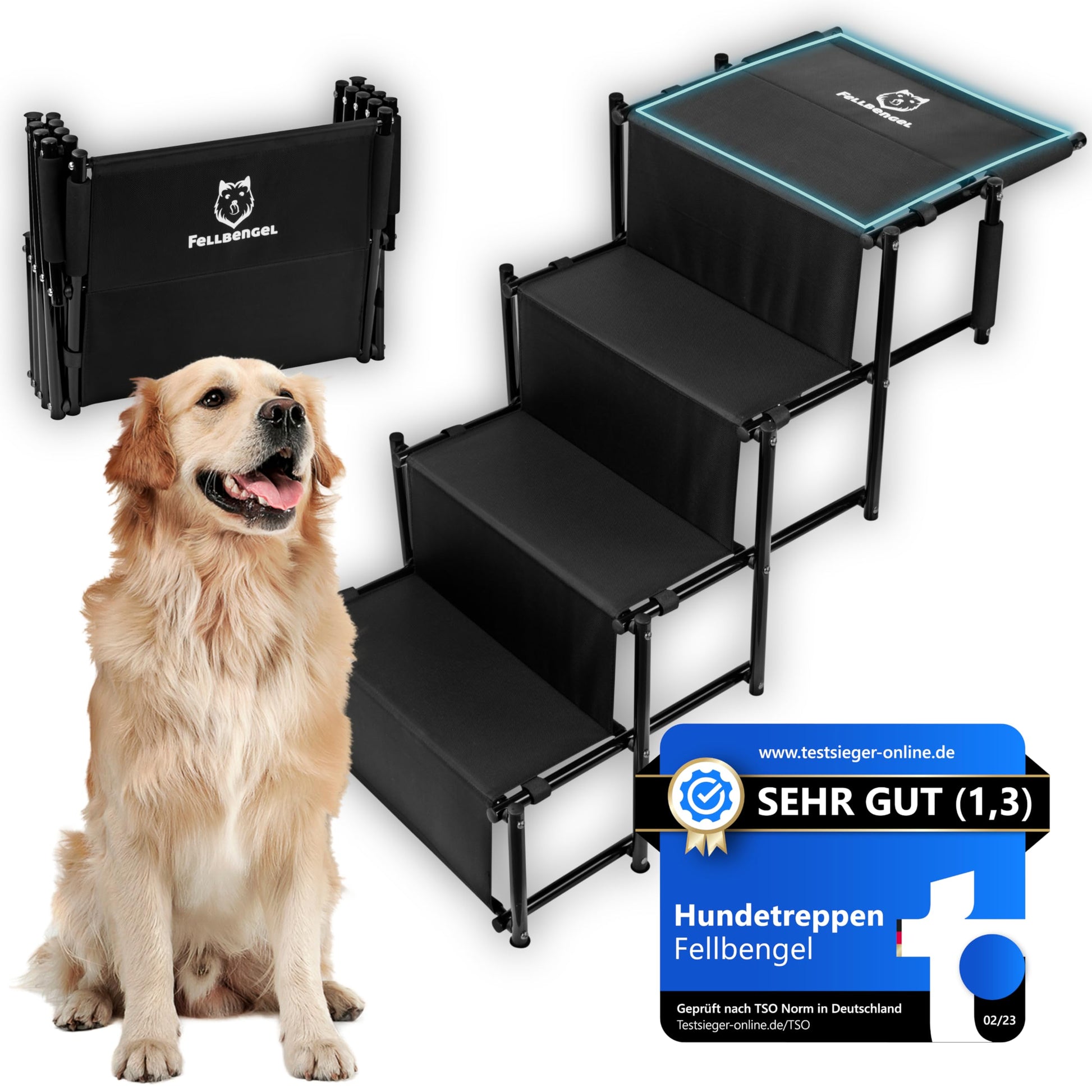 Fellbengel Hundetreppe Auto Klappbar – Mit Sicherheitsstufe. Faltbare Treppe für Hunde zum einfachen und sicheren Einstieg ins Fahrzeug.