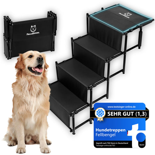 Fellbengel Hundetreppe Auto Klappbar – Mit Sicherheitsstufe. Faltbare Treppe für Hunde zum einfachen und sicheren Einstieg ins Fahrzeug.