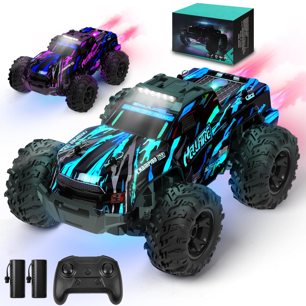 MOJINO RC Auto Monstertruck 1:18 ferngesteuert 22 km/h für Kinder mit LED-Beleuchtung und Wassersprüher