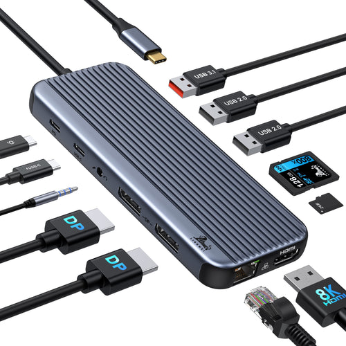 LIONWEI UC3703 USB-C Dockingstation - Triple Display 12-in-1. Rechteckig, silber. Erweitert Konnektivität für USB-C Laptops.
