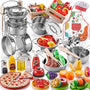 Shimirth Kinderküchen-Spielset 63-teilig mit Edelstahl-Kochgeschirr, Spiellebensmitteln und Schürze