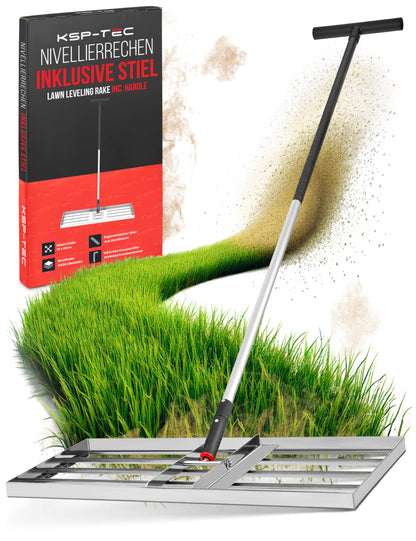 KSP-TEC Rasenrakel Edelstahl 75x35 cm Nivellierrechen mit Stiel – T-Griff, rechteckige Arbeitsfläche