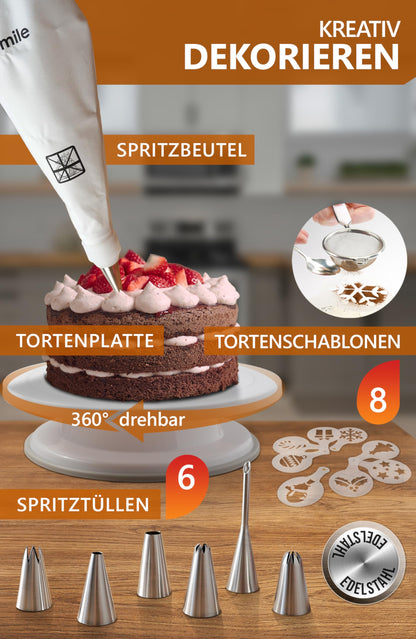 4smile Torten-Zubehör-Set 24-teilig mit Tortenring und Spritzbeutel