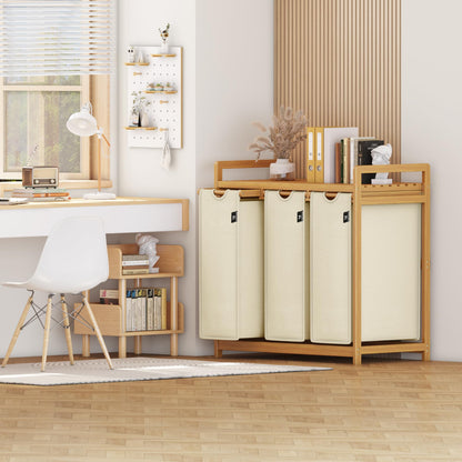 AdelDream Wäschekorb 150 L mit 3 Fächern, Bambusrahmen, Beige