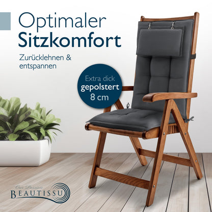 Beautissu Hochlehner Auflage Sun-HL 6er Set mit Kopfpolster Anthrazit