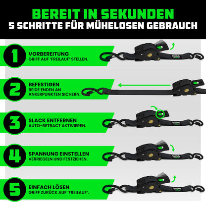 Rhino USA Spanngurte selbstaufrollend, 2er-Pack, 2,5 cm x 3 m, schwarz