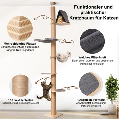 FUKUMARU Kratzbaum AT11, deckenhoch, 6 Etagen, Gummibaumholz, grau