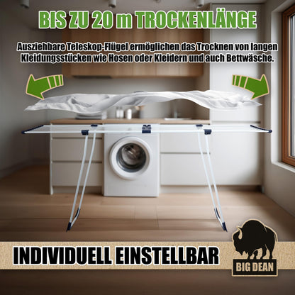 BigDean Wäscheständer XXL Teleskop, 20 m Trockenfläche, weiss