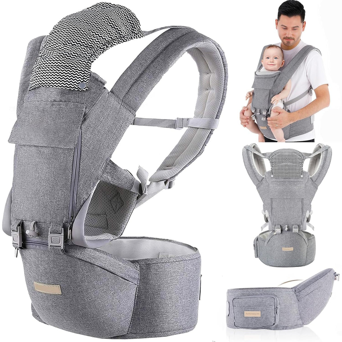 Kisdream Babytrage 9-in-1, ergonomisch, für Babys 3–36 Monate, Baumwolle, mit Kapuze