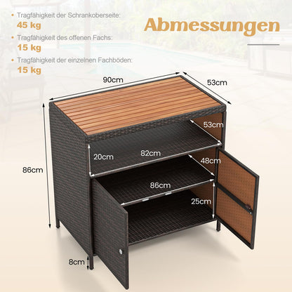 COSTWAY Gartenschrank Rattan mit Akazienholz-Arbeitsplatte, Braun