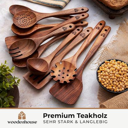 Woodenhouse Kochbesteck Set 10-teilig aus Teakholz mit Kochlöffel