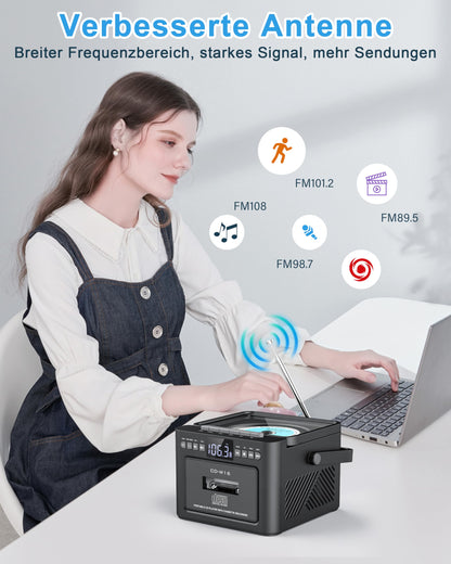 Greadio CD-Player tragbar mit Kassette, UKW Radio und Bluetooth