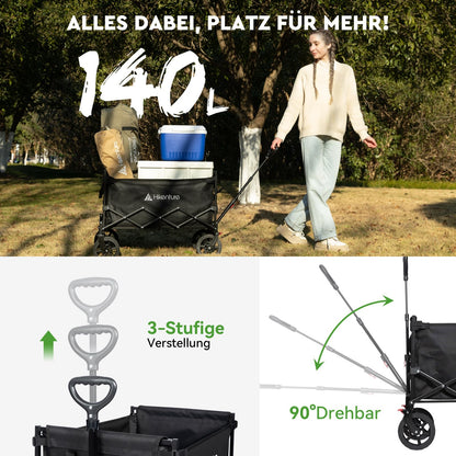 HIKENTURE Bollerwagen faltbar mit Bremse, 140 L, 150 kg belastbar