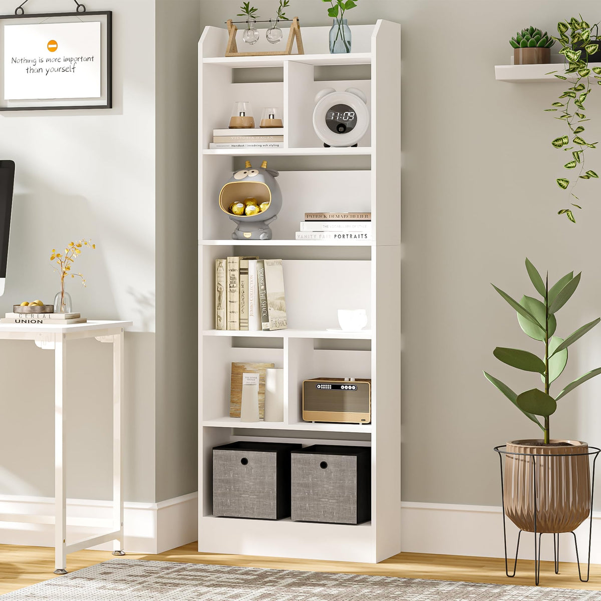 Hzuaneri BC11103X Bücherregal – 6 Fächer, Standregal Weiss. Rechteckiges Standregal zur geordneten Aufbewahrung von Büchern.