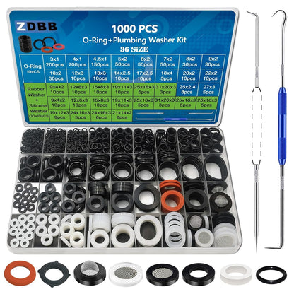 ZDBB O-Ring Sortiment 1000-teilig, 18 Grössen, mit Unterlegscheiben – Dichtungsset aus Gummi und Silikon mit Edelstahlsieb