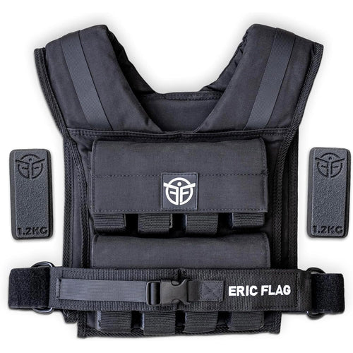 Eric Flag Gewichtsweste einstellbar für Training - 20 kg: Schwarze Weste zum Intensivieren von körpergewichtbasiertem Training.