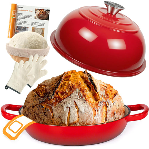 Gusseisen Brotbacktopf Emaille Dutch Oven – 5,7L Rot. Runder, rot emaillierter Topf zum Brotbacken und Schmoren.