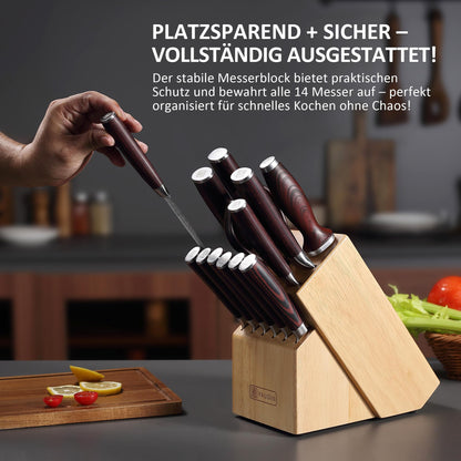 PAUDIN Messerblock Set 14-teilig Edelstahl Küchenmesser mit Holzblock