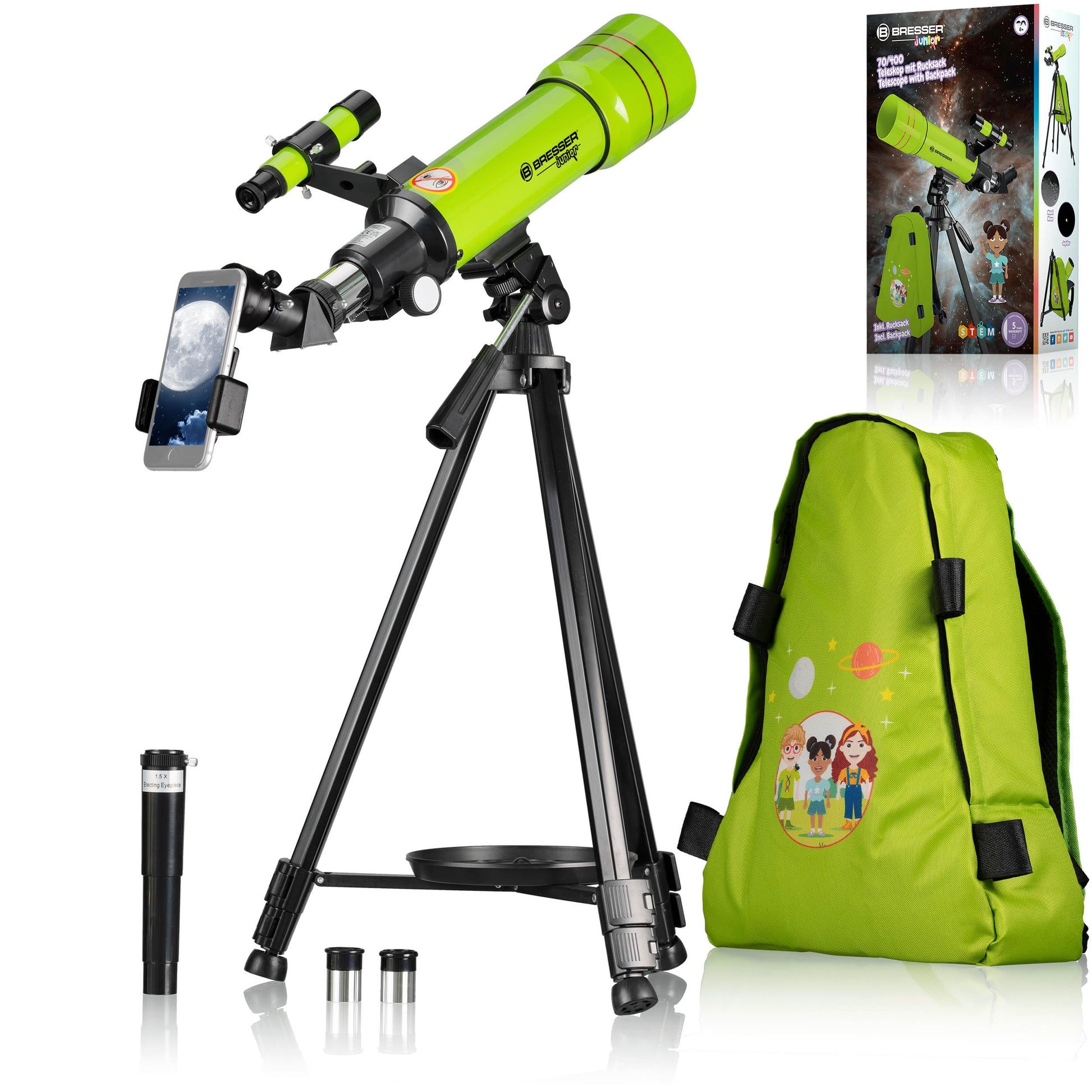 Bresser Junior 70/400 Linsenteleskop für Kinder mit Rucksack - Grün. Grünes Linsenteleskop zur Himmels- und Naturbeobachtung.