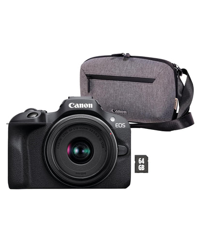 Canon EOS R100 spiegellose Systemkamera RF-S 18-45mm IS STM, schwarz, mit Kameratasche und 64GB SD-Karte