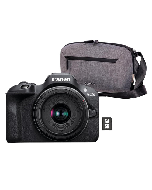 Canon EOS R100 spiegellose Systemkamera RF-S 18-45mm IS STM, schwarz, mit Kameratasche und 64GB SD-Karte