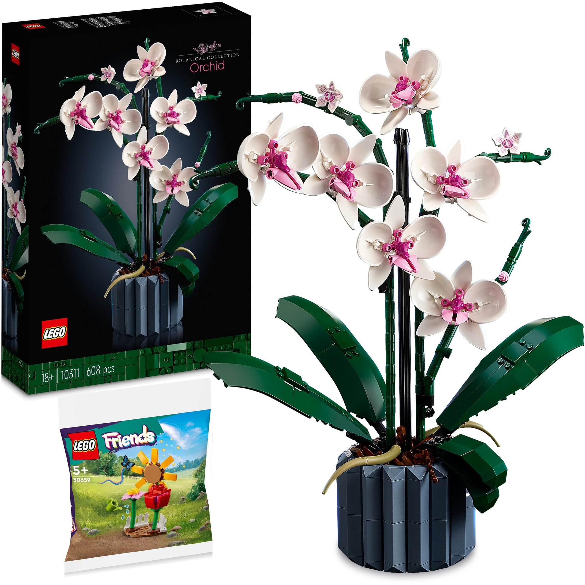 Lego Orchidee 10311 Blumen Deko Set - Inkl. Blumengarten 30659. Weiß-violette Orchideenblüten an grünen Stielen. Dekorativer Modellbausatz als Zierelement.