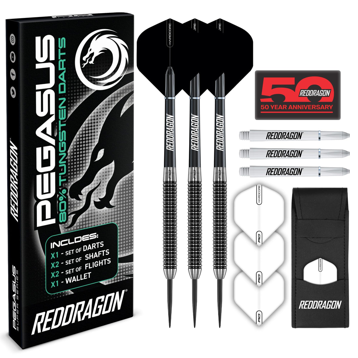 Red Dragon Pegasus Steeldarts 80% Tungsten 25 g mit Etui, schwarz-weisse Flights und Schäfte