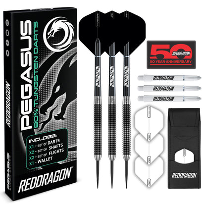 RED DRAGON Pegasus Steeldarts 22g, 80% Tungsten Dartpfeile mit Etui, schwarz-weisse Flights und Metallspitze