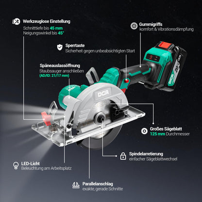 DCA Akku-Handkreissäge ADMY125 20V bürstenlos mit 4,0Ah Akku