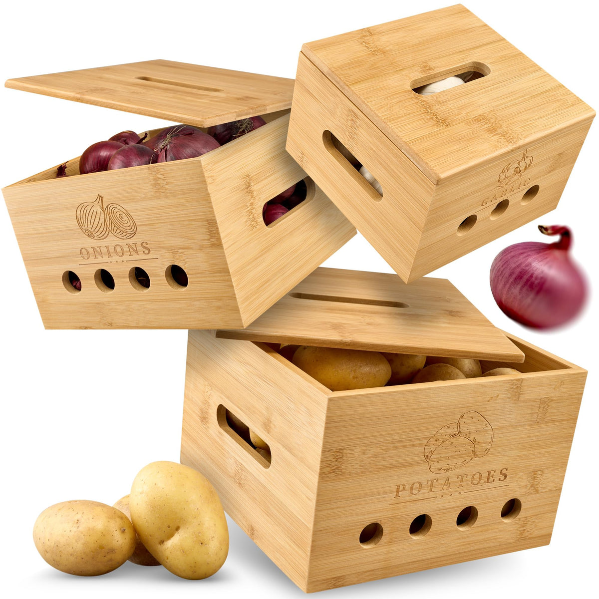 CALIDORO Kartoffel Aufbewahrungsbox 3er Set aus Bambus mit Deckel, stapelbar mit Lasergravur