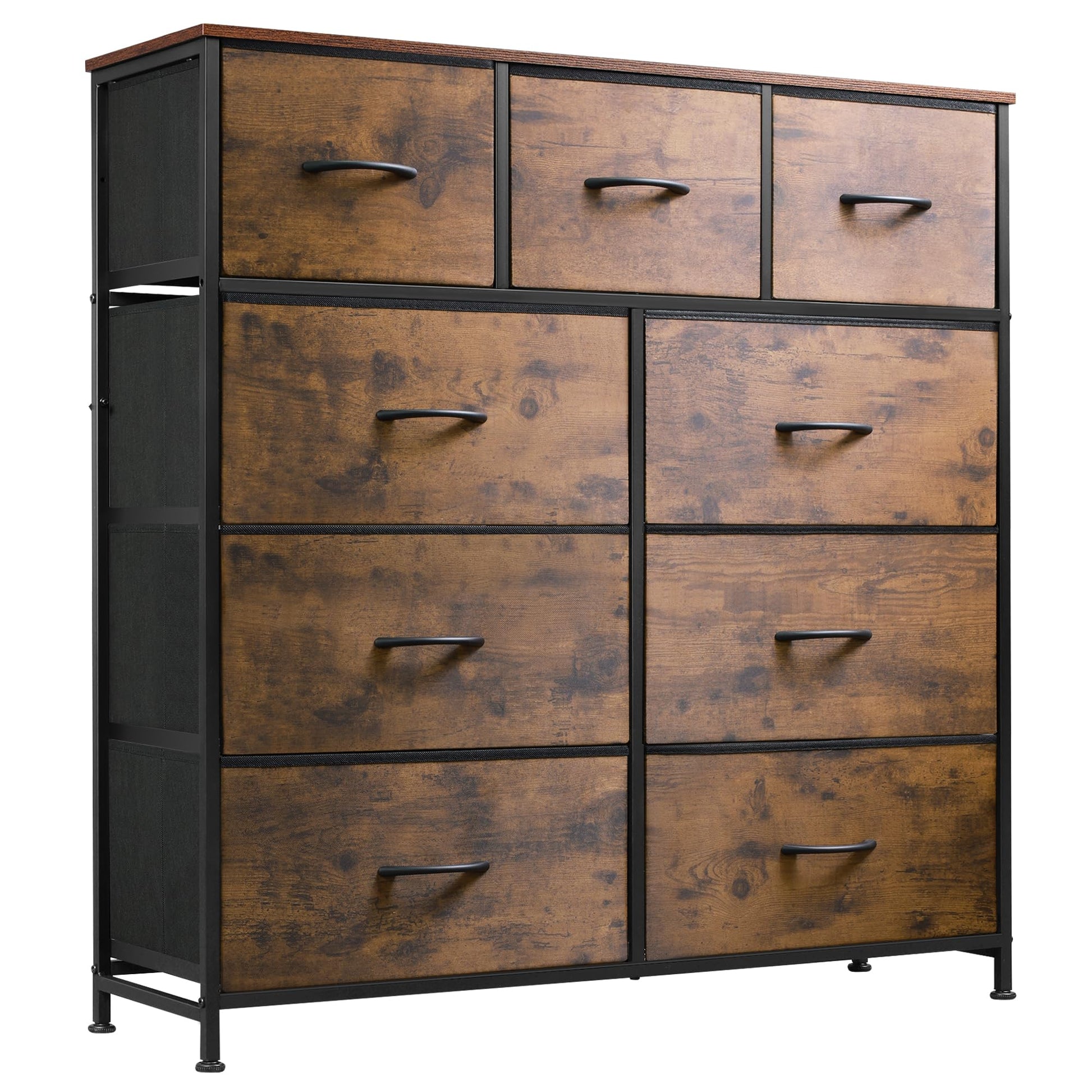 WLIVE Kommode mit 9 Schubladen aus Stoff - Vintagebraun-Schwarz. Vintagebraun-schwarze Stoffkommode mit 9 Schubladen zur Aufbewahrung von Kleidung, Spielzeug.