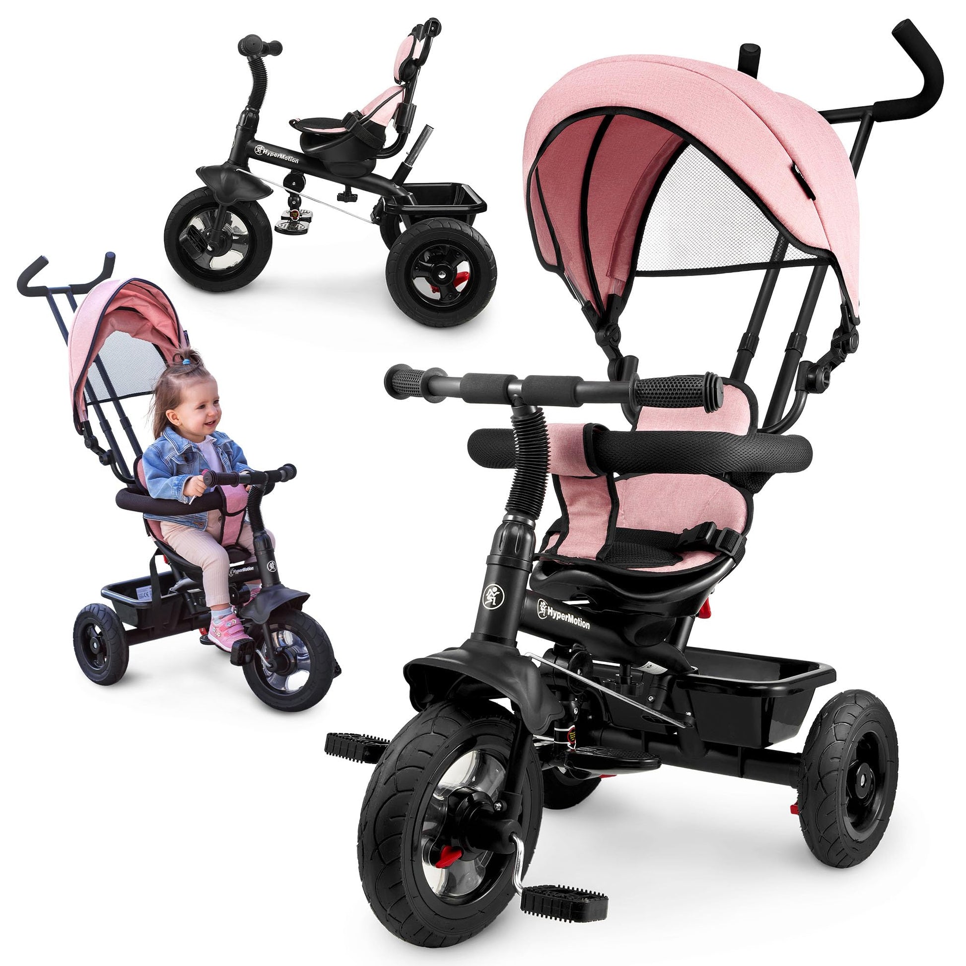 HyperMotion Dreirad 3-in-1 Kinderfahrzeug mit Schubstange – Rosa. Rosa Dreirad mit Schubstange für Kleinkinder zum Fahren oder Schieben.