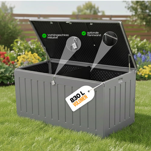 Olsen & Smith Aufbewahrungsbox XXL 830 L mit Deckel, wasserdicht, Gartenbox in Anthrazit für Kissen und Auflagen