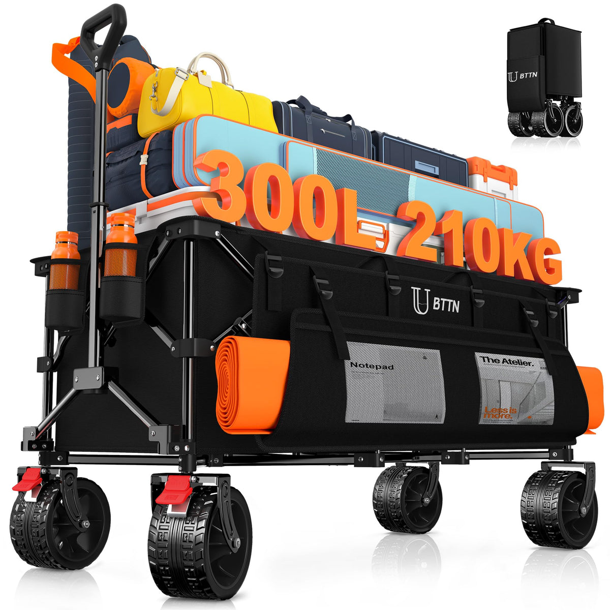 BTTN Bollerwagen faltbar XXXL, 300 L, 210 kg Traglast, schwarz, breite All-Terrain-Räder, Feststellbremsen