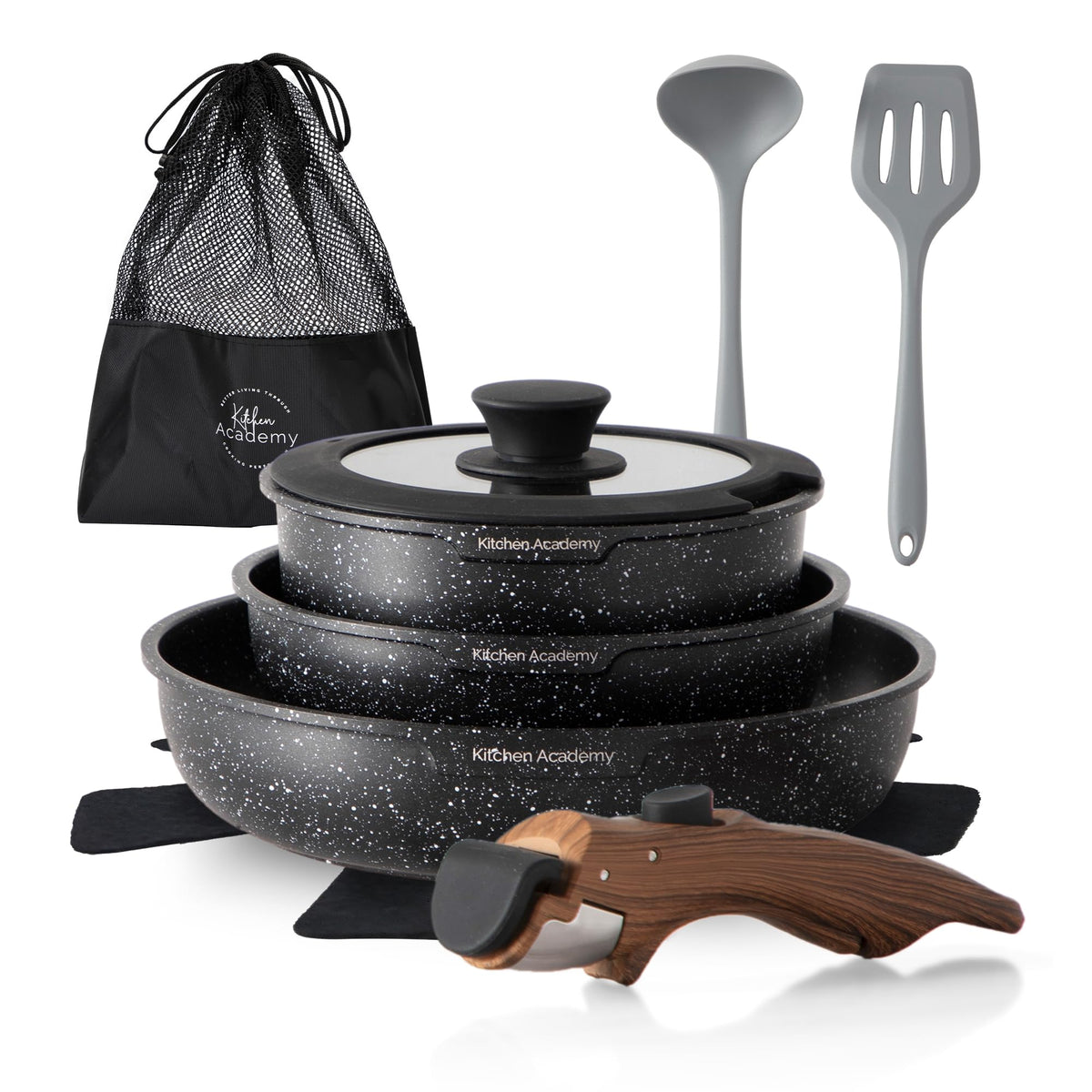 Kitchen Academy Topfset 10-teilig mit abnehmbarem Griff, schwarz, Kochgeschirr mit Glasdeckel und Silikon-Utensilien