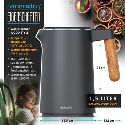 Arendo Wasserkocher Edelstahl mit Temperatureinstellung 1,5 L schwarz