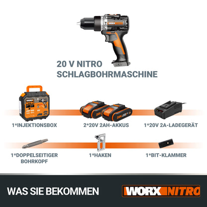 WORX NITRO WX352 Akku-Schlagbohrschrauber Set 20V bürstenlos 60Nm