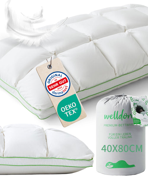 Welldora Premium Daunenfedern Kopfkissen ergonomisch 40x80 – mittelfest, weiß. Bietet ergonomische Kopf- & Nackenstütze.