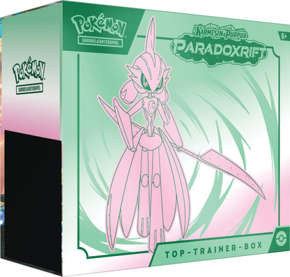 Pokémon TCG: Top-Trainer-Box Karmesin & Purpur Paradoxrift – Eisenkrieger, rechteckige Box, primär in Blau- und Purpur-Tönen, enthält Spielzubehör.