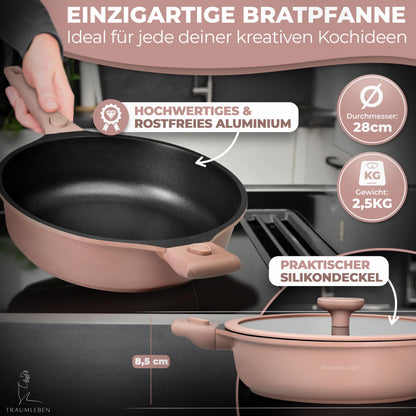 TRAUMLEBEN Bratpfanne 28 cm mit Deckel und abnehmbaren Griffen
