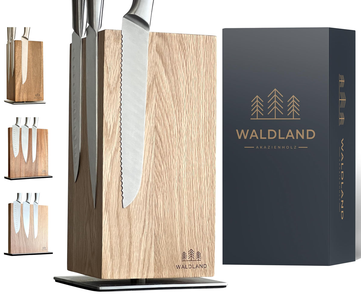 WALDLAND Premium Messerblock magnetisch 360° drehbar – Eiche. Eichenholzblock hält Messer magnetisch, 360° drehbar.