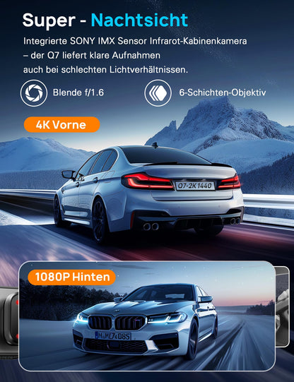 Navycrest Q7 Dashcam Auto vorne hinten, 4K+1080P mit 5GHz WiFi