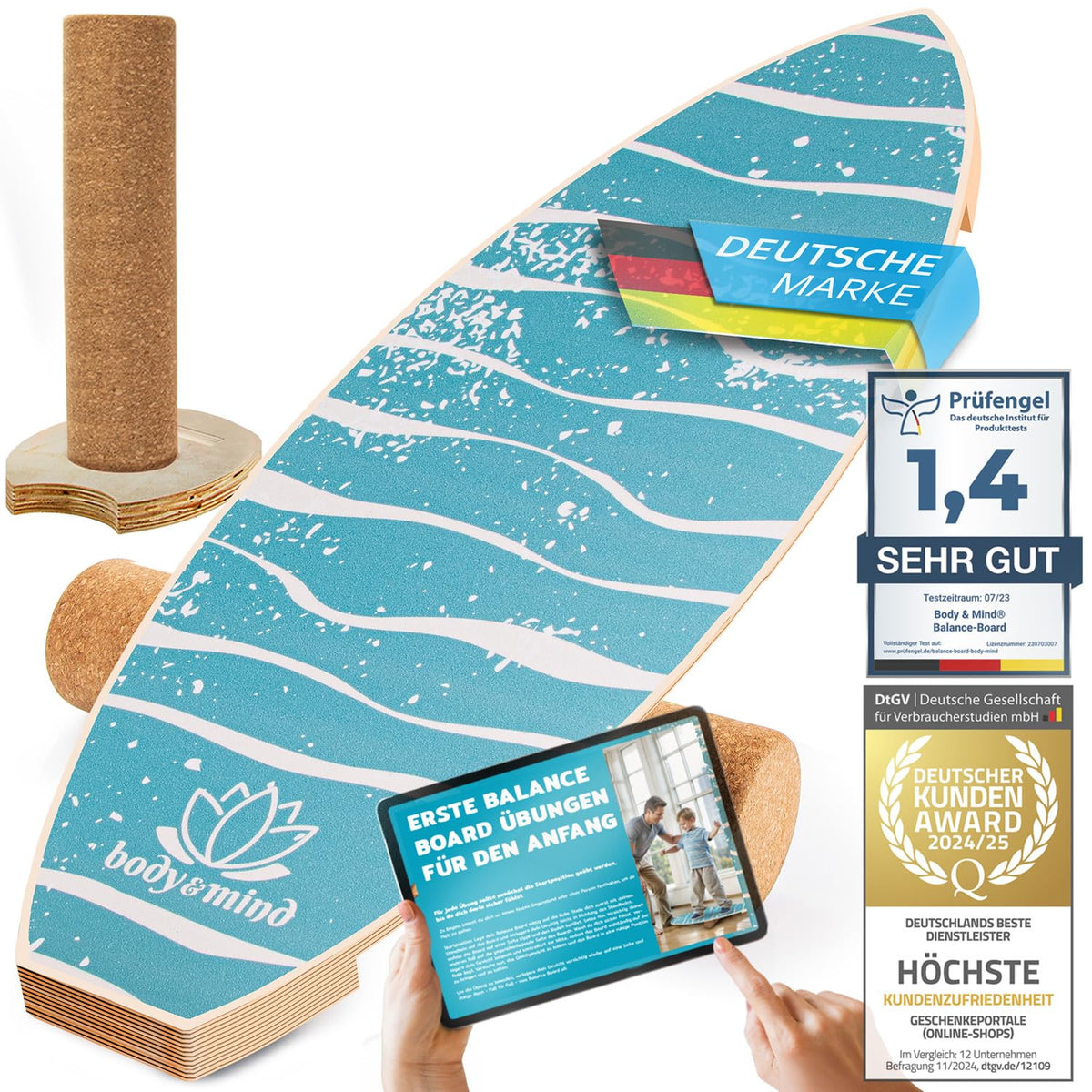 Light Waves Surf Balance Board für Training & Physiotherapie. Ovales Holzdeck auf Rolle. Stärkt Gleichgewicht & Propriozeption.