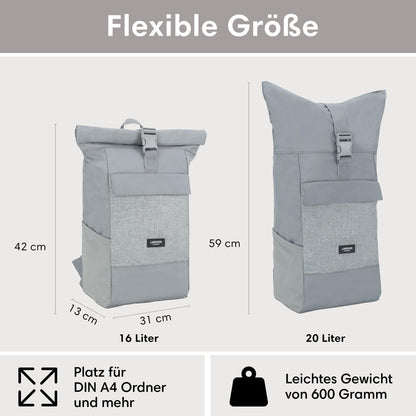 LARKSON No 4 Rolltop Rucksack Grau mit Laptopfach, wasserabweisend