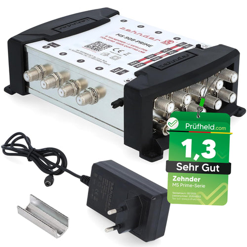 ZEHNDER 9/8 Multischalter Multiswitch – 2 Sat, 8 Teilnehmer, HD 4K. Rechteckiger, silberner Kasten mit F-Anschlüssen.
