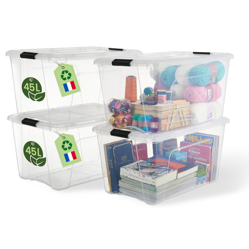 Iris Ohyama Aufbewahrungsbox mit Deckel, 45 L, 4er-Set, transparent aus BPA-freiem Kunststoff, stapelbar