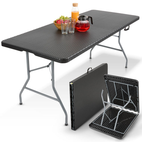 Arebos Buffettisch Klappbar Rattan Optik Schwarz 182x74 cm. Rechteckiger Klapptisch in Schwarz mit Rattan-Struktur für Catering & Events.