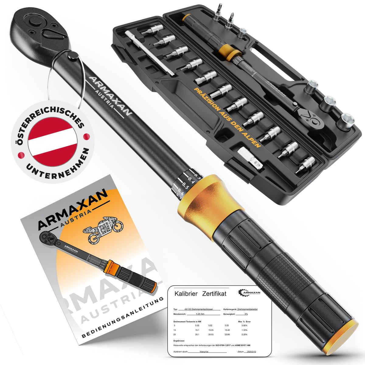 ARMAXAN Drehmomentschlüssel Set 1-25 Nm 20-tlg 1/4 Zoll für Fahrrad mit mattschwarzer Nm-Skala