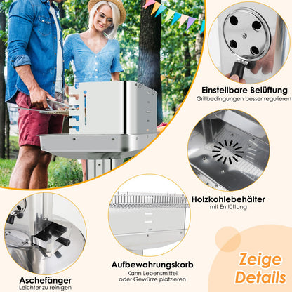 TLGREEN Holzkohlegrill Edelstahl Säulengrill höhenverstellbar